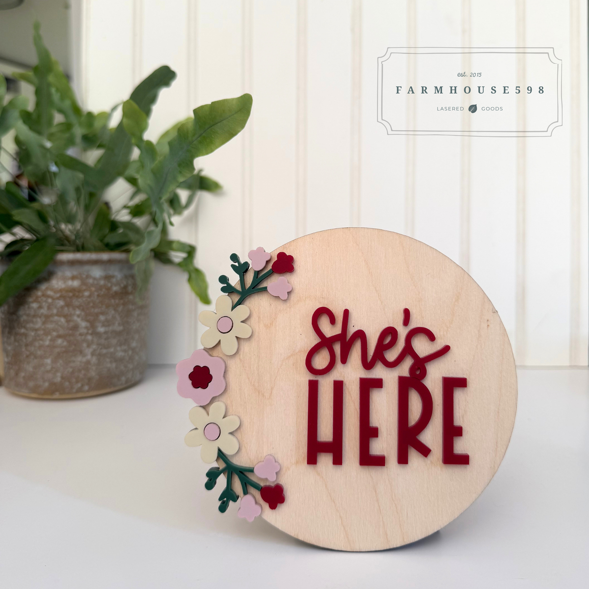 Round Floral She’s Here Baby Announcement Sign | Ready to Ship
