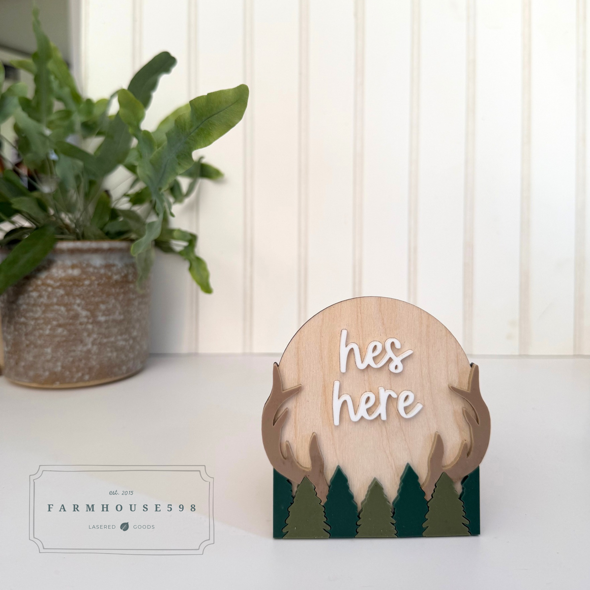 Personalized Deer Antler and Evergreen Baby Announcement Sign