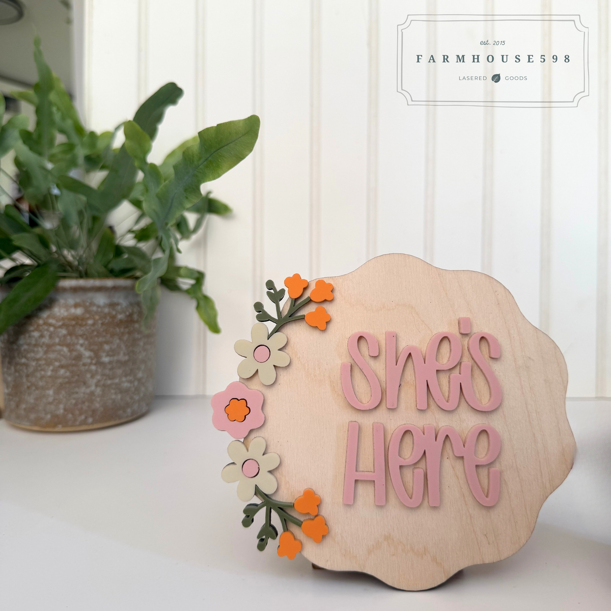 Scalloped Round Floral She’s Here Baby Announcement Sign | Ready to Ship