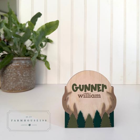 Personalized Deer Antler and Evergreen Baby Announcement Sign