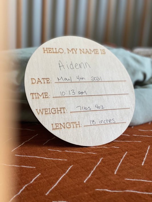 Baby Name and Stats Laser Engraved Disc